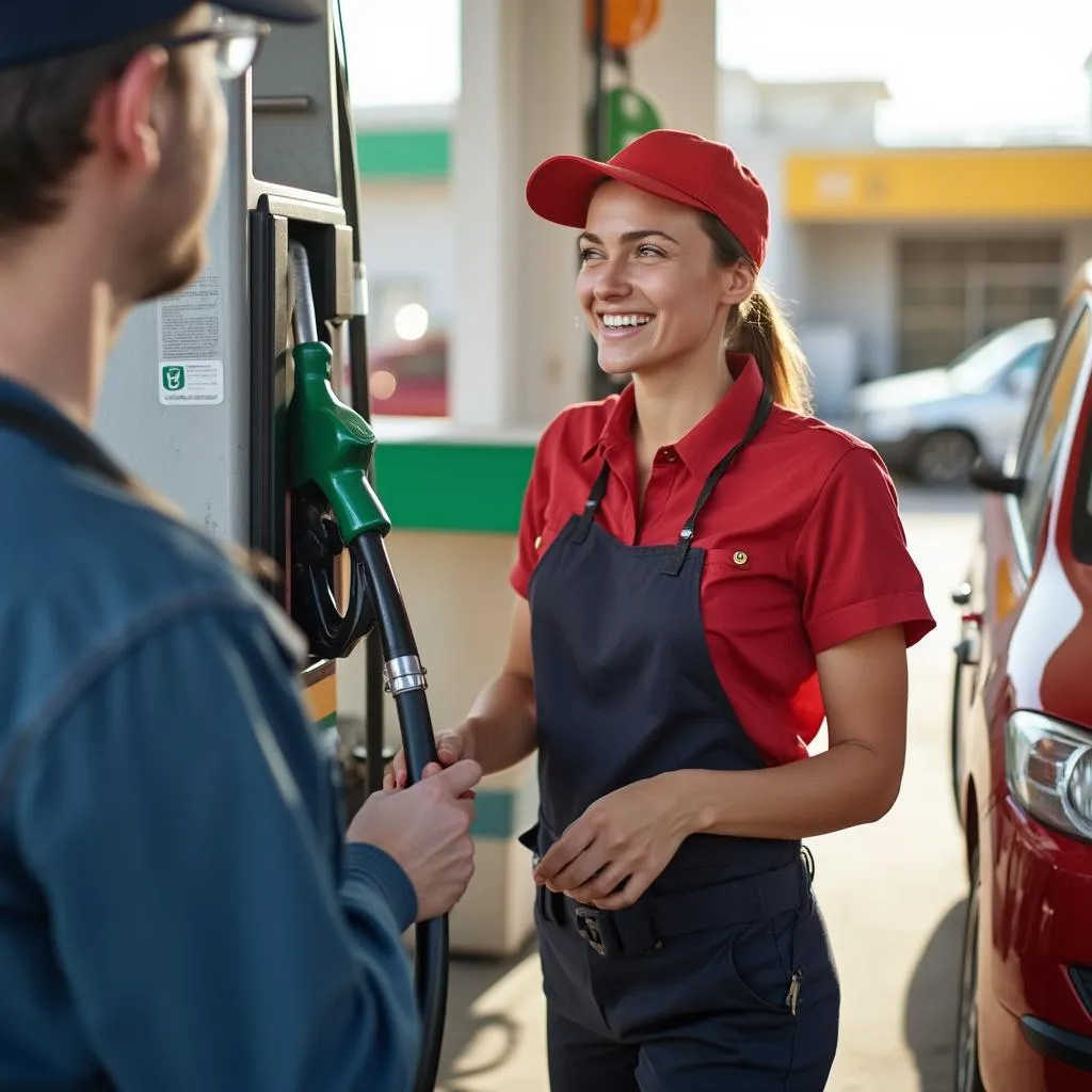 Área de combustible con empleado atendiendo