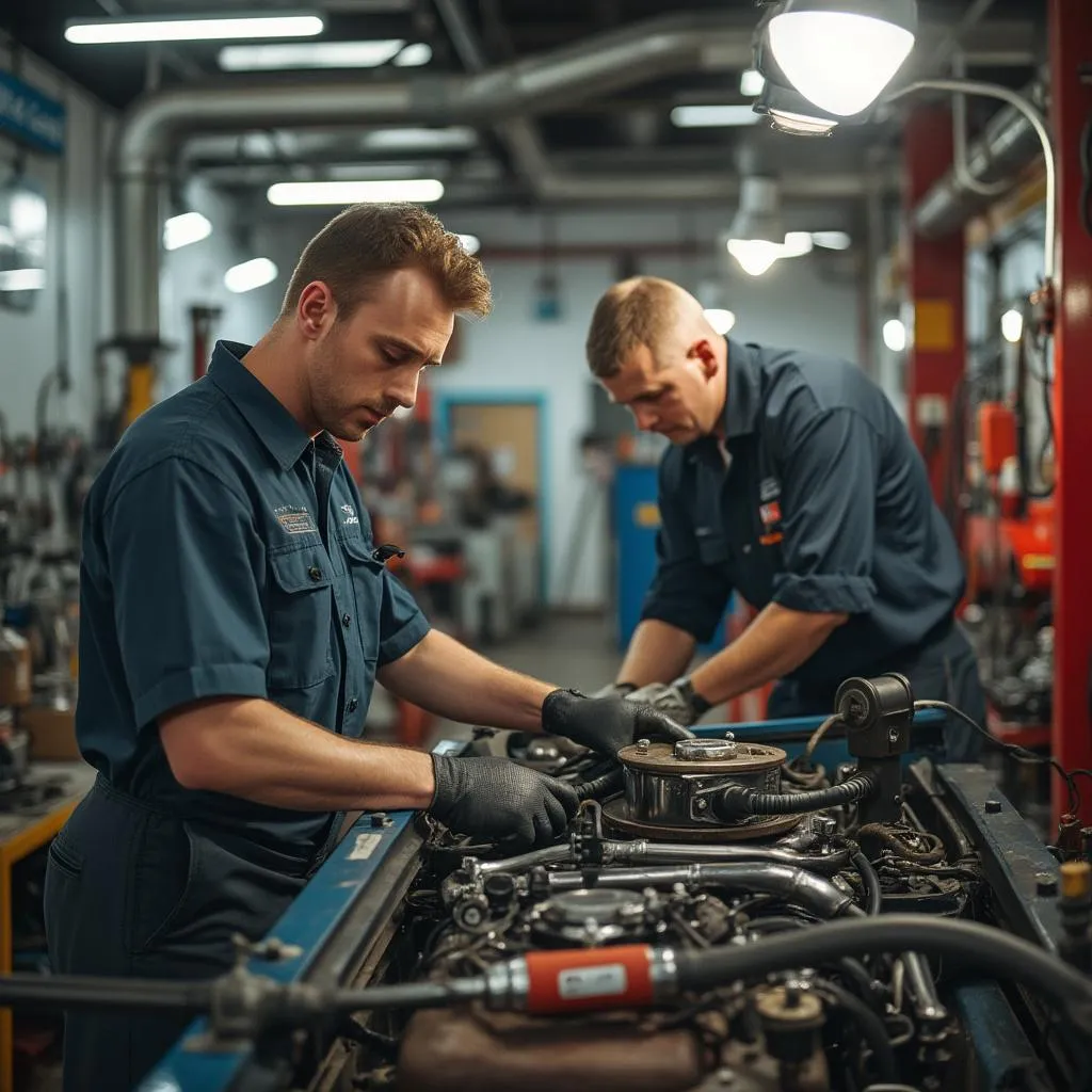 Técnicos realizando mantenimiento en surtidores modernos