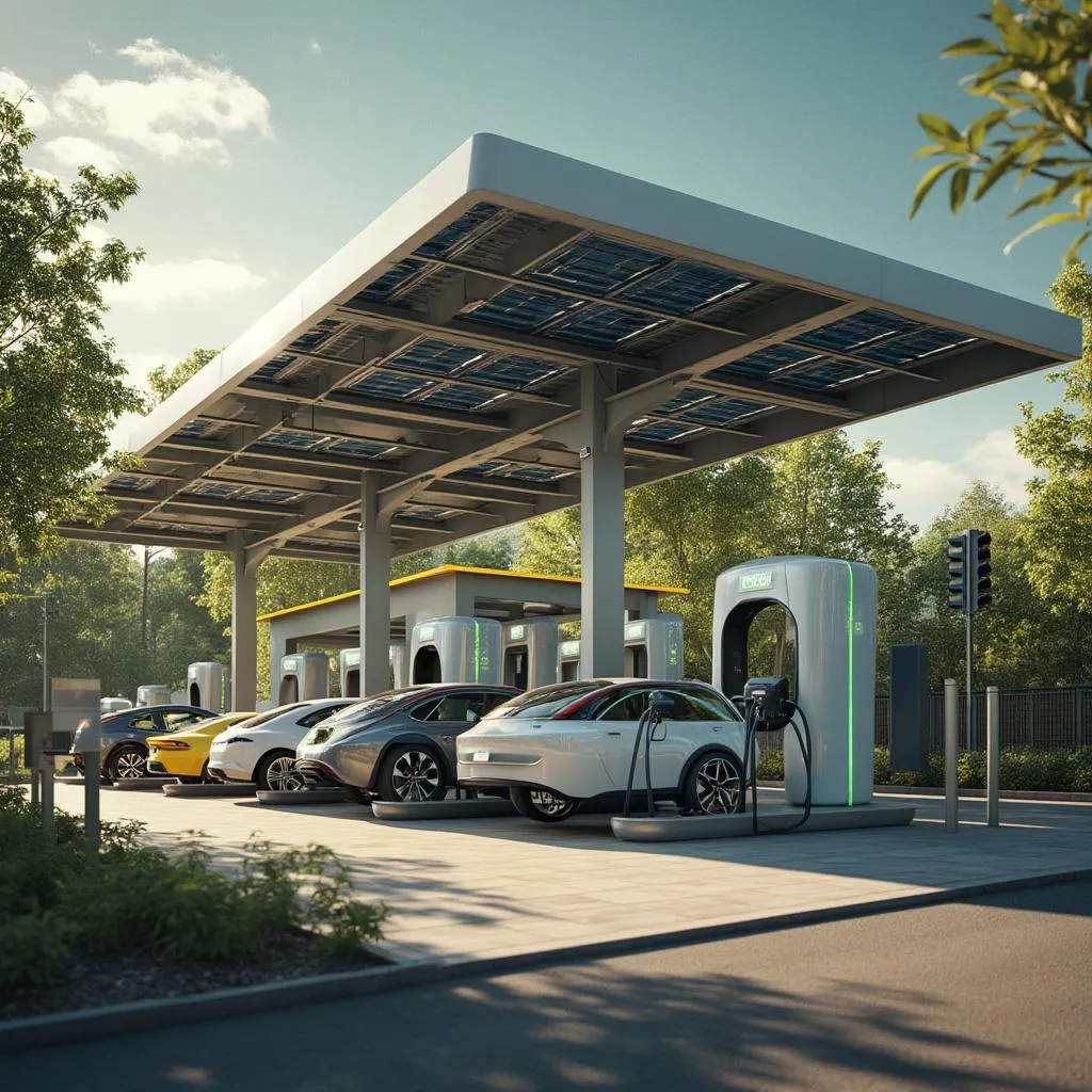 Paneles solares instalados en el techo de una estación de servicio